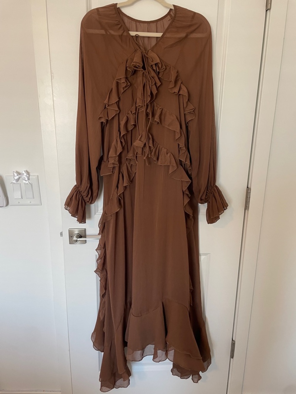 SHEIN Brown Ruffled Tie-Neck Maxi Dress